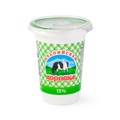 Сметана Альпийская Коровка 15% 400гр стакан молокосод продукт