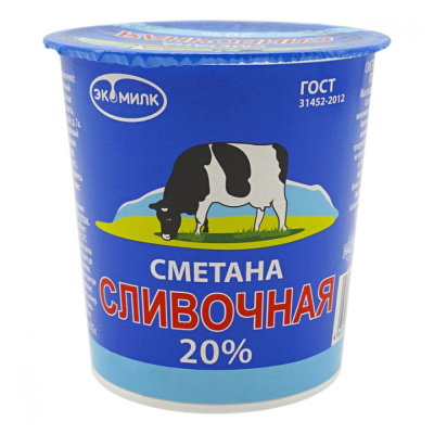 Сметана ЭКОМИЛК Сливочная 20% 300гр стакан БЗМЖ